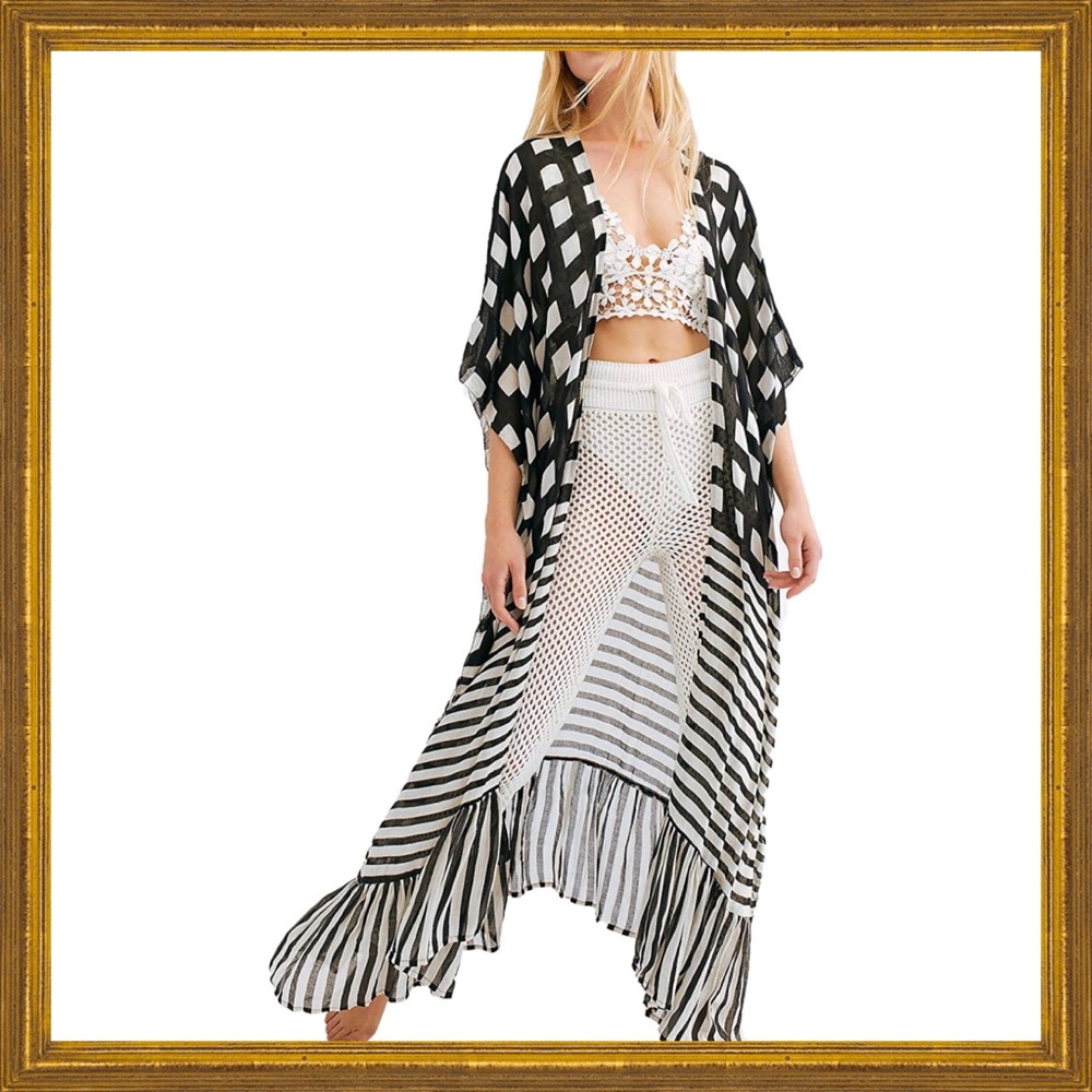 New Swim Suit Bathing Suit Kimono Cover Up Sheer Robe Stripes Plaid